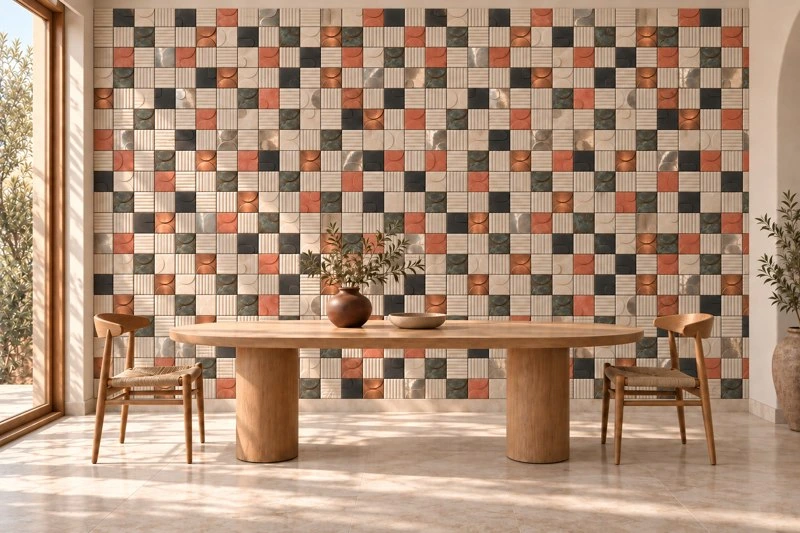 Mosaicos de concreto en un comedor del lookbook Quina